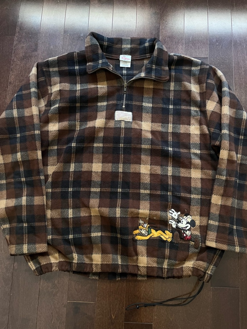 Vintage Mickey Outdoors Plaid Fleece Embroidered 90s Disney Pluto Brown Sweater